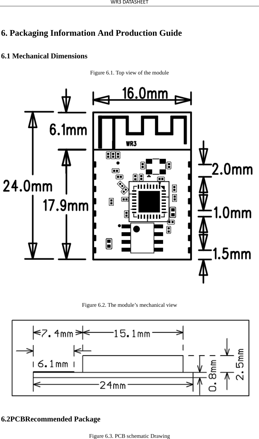 WR3DATASHEET6. Packaging Information And Production Guide 6.1 Mechanical Dimensions Figure 6.1. Top view of the module Figure 6.2. The module’s mechanical view 6.2PCBRecommended Package Figure 6.3. PCB schematic Drawing 