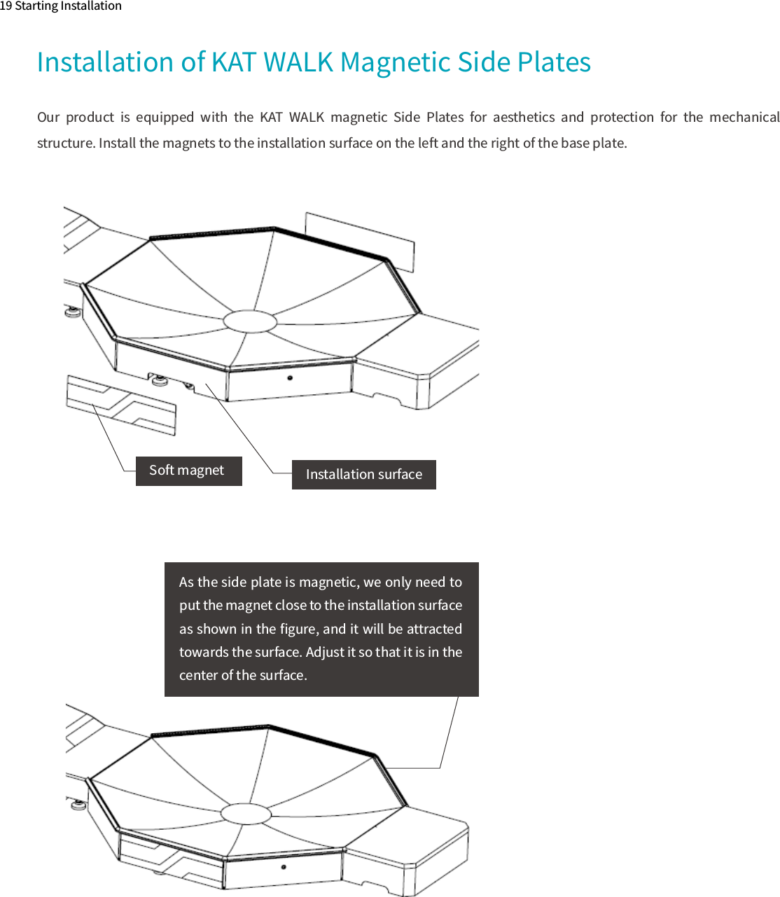19 Starting InstallationInstallation of KAT WALK Magnetic Side Plates Our  product  is  equipped  with  the  KAT  WALK  magnetic  Side  Plates  for  aesthetics  and  protection  for  the  mechanical structure. Install the magnets to the installation surface on the left and the right of the base plate.Soft magnet Installation surfaceAs the side plate is magnetic, we only need to put the magnet close to the installation surface as shown in the ﬁgure, and it will be attracted towards the surface. Adjust it so that it is in the center of the surface.