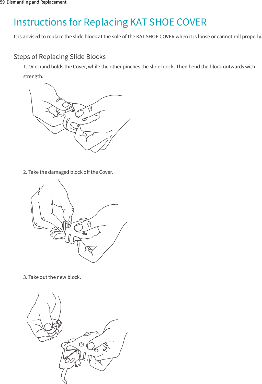 59  Dismantling and ReplacementInstructions for Replacing KAT SHOE COVER Steps of Replacing Slide Blocks1. One hand holds the Cover, while the other pinches the slide block. Then bend the block outwards with strength. 2. Take the damaged block oﬀ the Cover.3. Take out the new block.It is advised to replace the slide block at the sole of the KAT SHOE COVER when it is loose or cannot roll properly.
