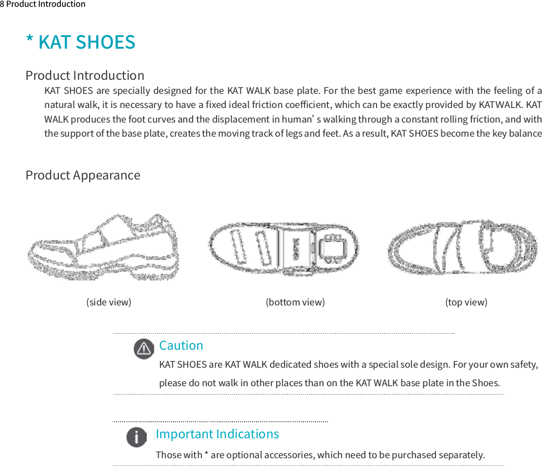 Product Appearance8 Product Introduction* KAT SHOES KAT SHOES are specially designed for the KAT WALK base plate. For the best game experience with the feeling of a natural walk, it is necessary to have a ﬁxed ideal friction coeﬃcient, which can be exactly provided by KATＷALK. KAT WALK produces the foot curves and the displacement in human’s walking through a constant rolling friction, and with the support of the base plate, creates the moving track of legs and feet. As a result, KAT SHOES become the key balance (side view) (bottom view) (top view)CautionKAT SHOES are KAT WALK dedicated shoes with a special sole design. For your own safety, please do not walk in other places than on the KAT WALK base plate in the Shoes.    Important Indications  Those with * are optional accessories, which need to be purchased separately.Product Introduction