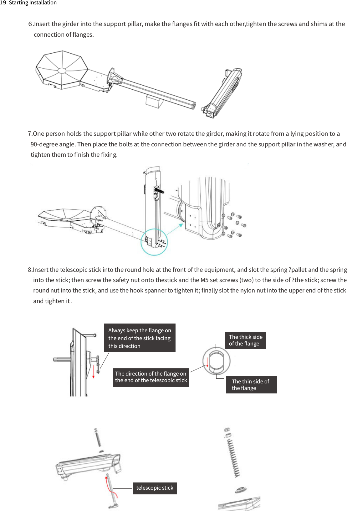 1９  Starting Installation６.Insert the girder into the support pillar, make the ﬂanges ﬁt with each other,tighten the screws and shims at the 　connection of ﬂanges.7.One person holds the support pillar while other two rotate the girder, making it rotate from a lying position to a   90-degree angle. Then place the bolts at the connection between the girder and the support pillar in the washer, and   tighten them to ﬁnish the ﬁxing.8.Insert the telescopic stick into the round hole at the front of the equipment, and slot the spring ?pallet and the spring     into the stick; then screw the safety nut onto thestick and the M5 set screws (two) to the side of ?the stick; screw the        round nut into the stick, and use the hook spanner to tighten it; ﬁnally slot the nylon nut into the upper end of the stick     and tighten it .   伸缩杆端部的法兰盘必须处于此方向telescopic stickAlways keep the ﬂange onthe end of the stick facing this directionThe direction of the ﬂange onthe end of the telescopic stickThe thick sideof the ﬂangeThe thin side of the ﬂange