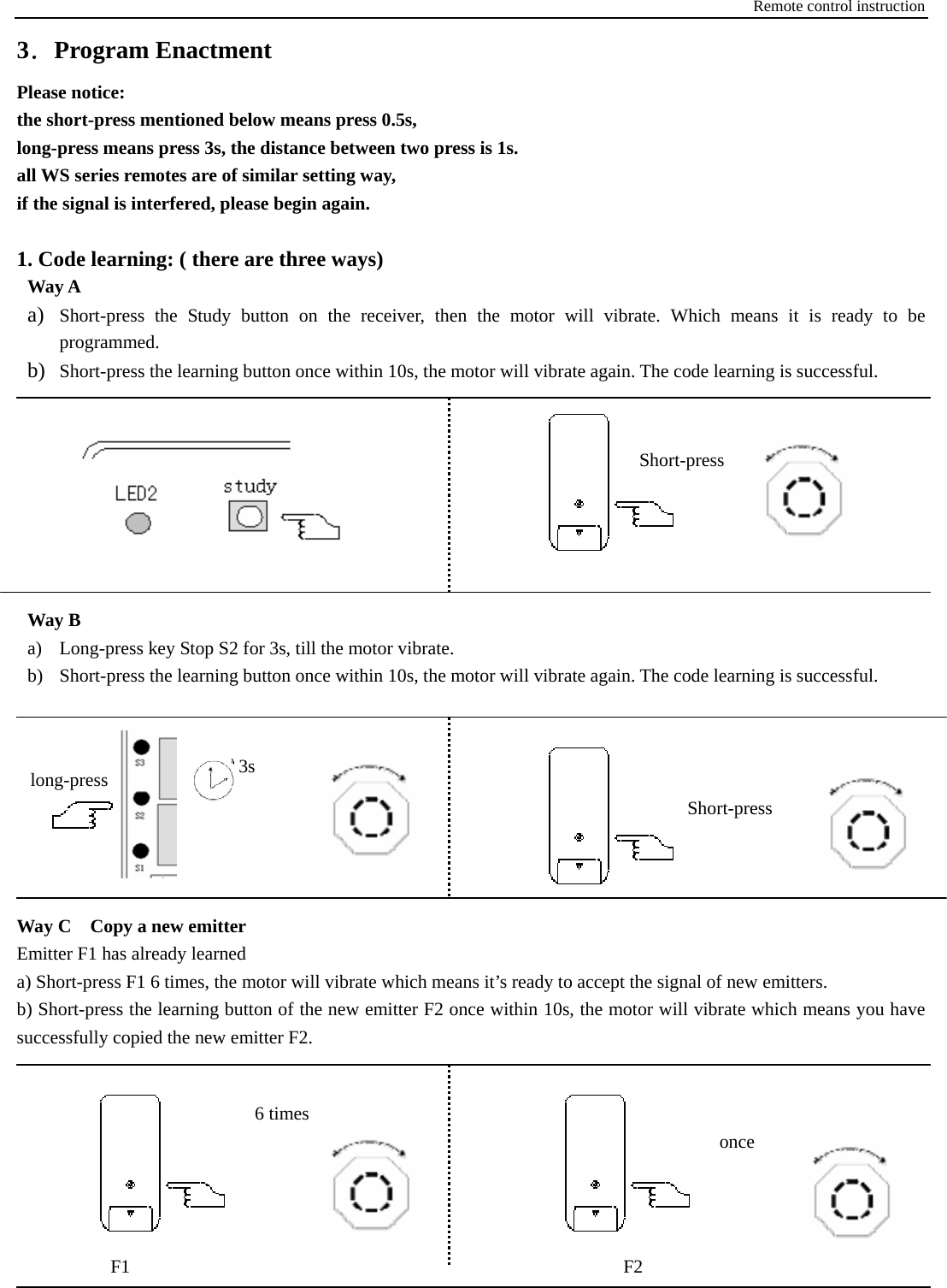 Remote control instruction 3．Program Enactment Please notice: the short-press mentioned below means press 0.5s,   long-press means press 3s, the distance between two press is 1s.   all WS series remotes are of similar setting way, if the signal is interfered, please begin again.  1. Code learning: ( there are three ways) Way A a) Short-press the Study button on the receiver, then the motor will vibrate. Which means it is ready to be programmed.  b) Short-press the learning button once within 10s, the motor will vibrate again. The code learning is successful.                                                                                                Way B a) Long-press key Stop S2 for 3s, till the motor vibrate. b) Short-press the learning button once within 10s, the motor will vibrate again. The code learning is successful.          Way C    Copy a new emitter Emitter F1 has already learned a) Short-press F1 6 times, the motor will vibrate which means it&rsquo;s ready to accept the signal of new emitters. b) Short-press the learning button of the new emitter F2 once within 10s, the motor will vibrate which means you have successfully copied the new emitter F2.                              F2F1 6times once 3s Short-press  long-press Short-press 