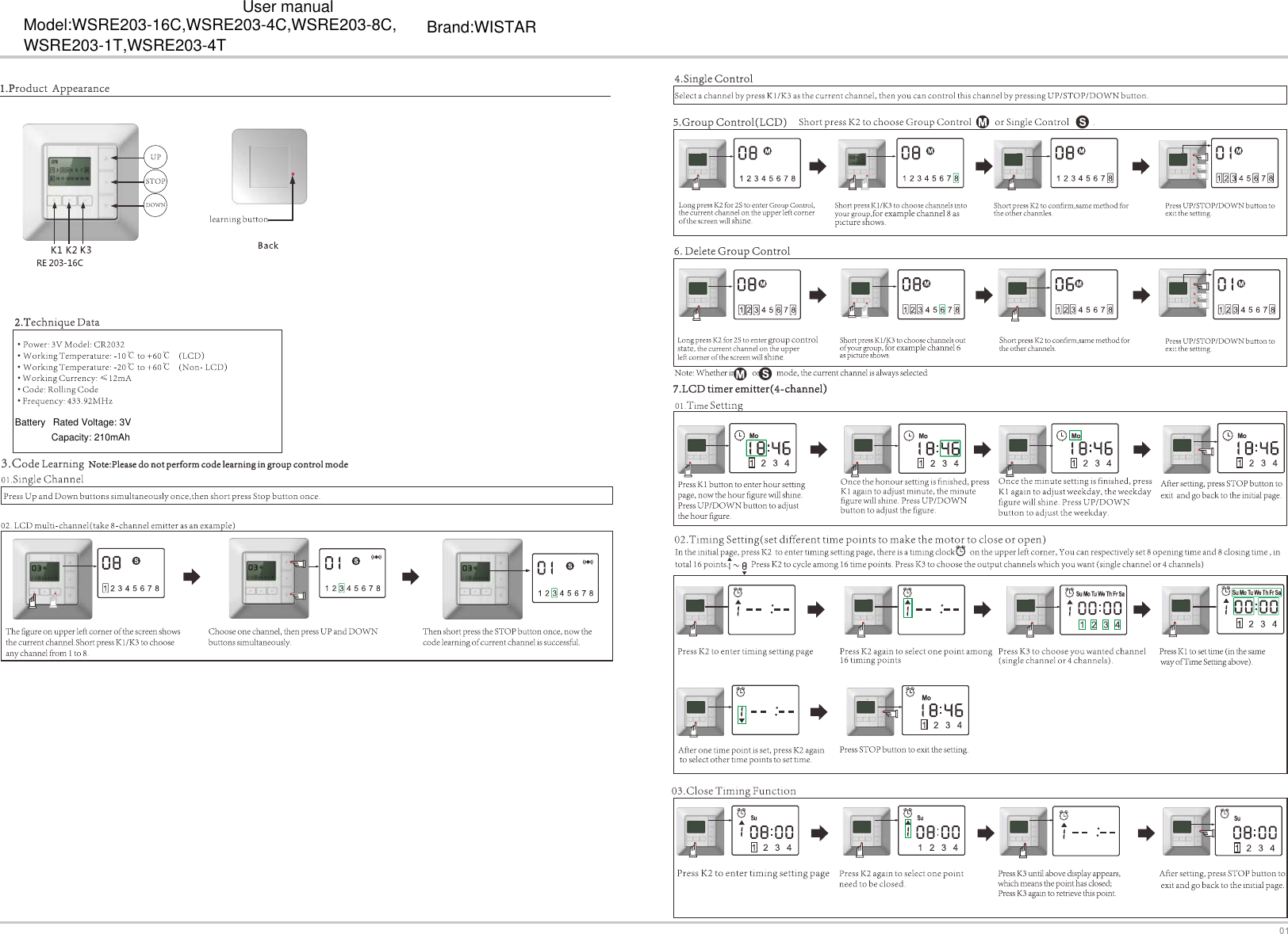 Battery Rated Voltage: 3VCapacity: 210mAhUser manualModel:WSRE203-16C,WSRE203-4C,WSRE203-8C,WSRE203-1T,WSRE203-4T Brand:WISTAR