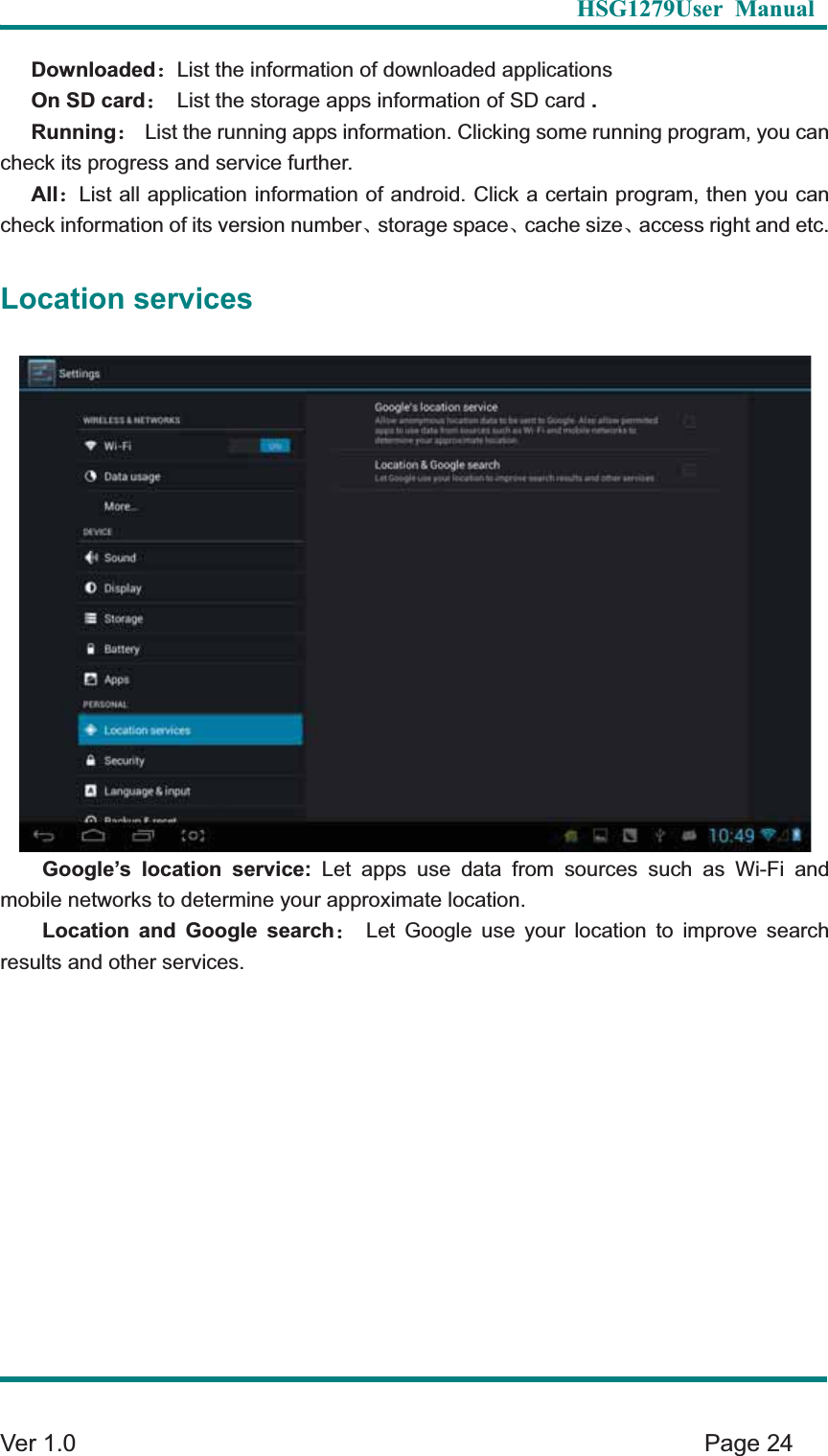   HSG1279User Manual  Ver 1.0    Page 24 Downloaded&phi;List the information of downloaded applications On SD card&phi;List the storage apps information of SD card .Running&phi;List the running apps information. Clicking some running program, you can check its progress and service further.   All&phi;List all application information of android. Click a certain program, then you can check information of its version numberȽstorage spaceȽcache sizeȽaccess right and etc.   Location services Google&rsquo;s location service: Let apps use data from sources such as Wi-Fi and mobile networks to determine your approximate location.   Location and Google search&phi;Let Google use your location to improve search results and other services.   
