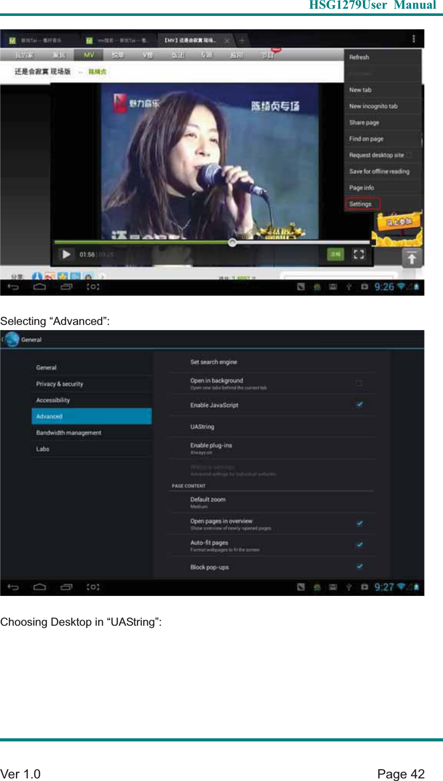   HSG1279User Manual  Ver 1.0    Page 42 Selecting &ldquo;Advanced&rdquo;: Choosing Desktop in &ldquo;UAString&rdquo;: 