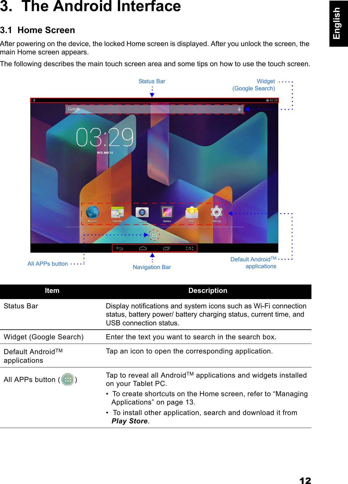 12English3.  The Android Interface3.1  Home ScreenAfter powering on the device, the locked Home screen is displayed. After you unlock the screen, the main Home screen appears.The following describes the main touch screen area and some tips on how to use the touch screen.Item DescriptionStatus Bar Display notifications and system icons such as Wi-Fi connection status, battery power/ battery charging status, current time, and USB connection status.Widget (Google Search) Enter the text you want to search in the search box.Default AndroidTM applicationsTap an icon to open the corresponding application.All APPs button ( ) Tap to reveal all AndroidTM applications and widgets installed on your Tablet PC. &bull;  To create shortcuts on the Home screen, refer to &ldquo;Managing Applications&rdquo; on page 13. &bull;  To install other application, search and download it from Play Store.Status Bar Widget(Google Search)Navigation BarDefault AndroidTMapplicationsAll APPs button