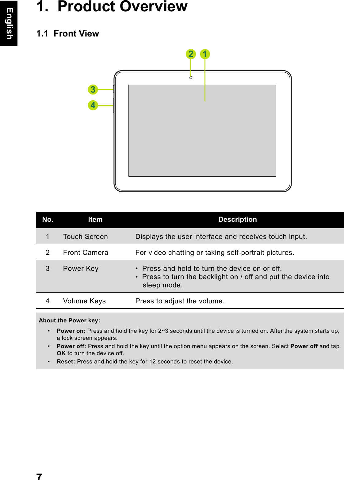 7English1.  Product Overview1.1  Front ViewNo. Item Description1Touch Screen Displays the user interface and receives touch input.2 Front Camera For video chatting or taking self-portrait pictures.3Power Key &bull;  Press and hold to turn the device on or off.&bull;  Press to turn the backlight on / off and put the device into sleep mode.4 Volume Keys Press to adjust the volume.About the Power key: &bull;Power on: Press and hold the key for 2~3 seconds until the device is turned on. After the system starts up, a lock screen appears.&bull;Power off: Press and hold the key until the option menu appears on the screen. Select Power off and tap OK to turn the device off.&bull;Reset: Press and hold the key for 12 seconds to reset the device.1234