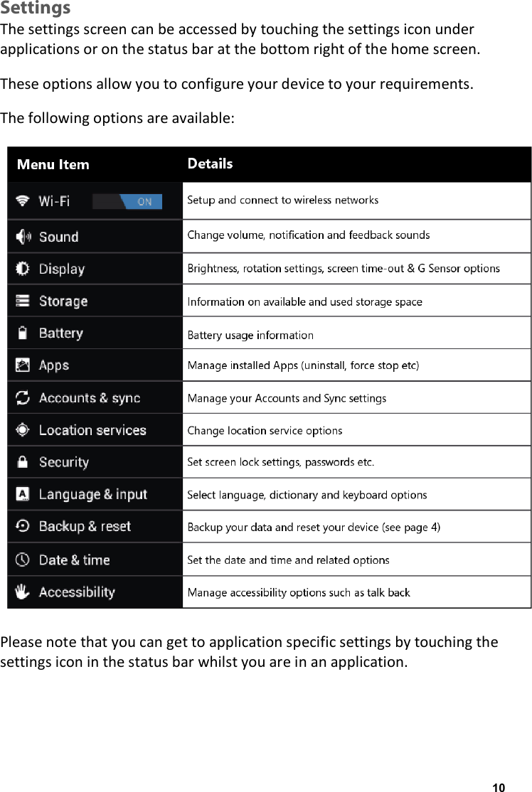 Settings The settings screen can be accessed by touching the settings icon under applications or on the status bar at the bottom right of the home screen. These options allow you to configure your device to your requirements. The following options are available:  Please note that you can get to application specific settings by touching the settings icon in the status bar whilst you are in an application.   10