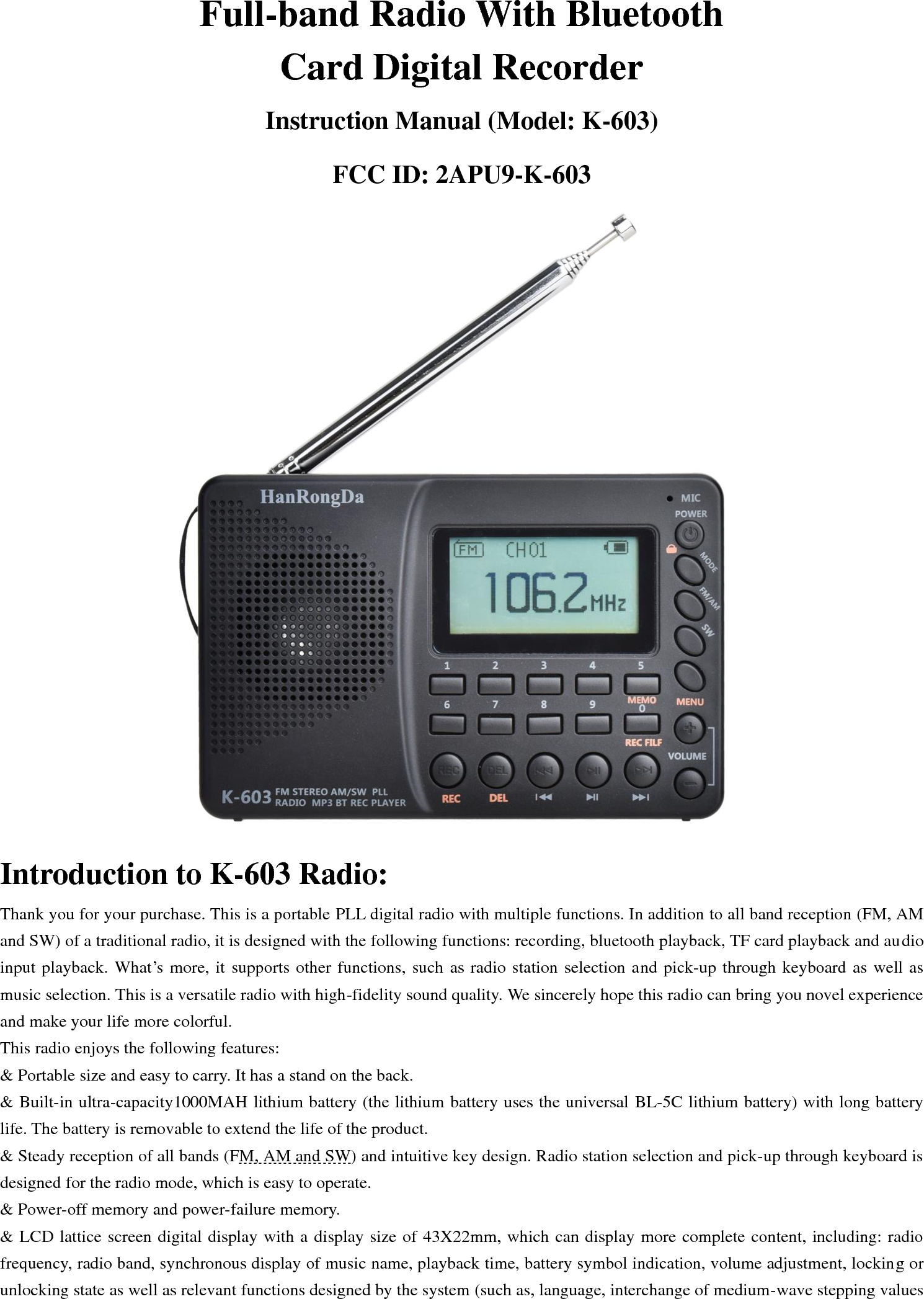 Hanrongda Electronic K-603 FULL BAND RADIO WITH BLUETOOTH CARD DIGITAL ...