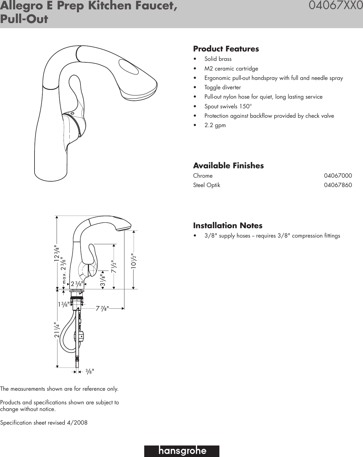 Hans Grohe Allegro E Prep Kitchen Faucet Pull Out 04067xx0 Users