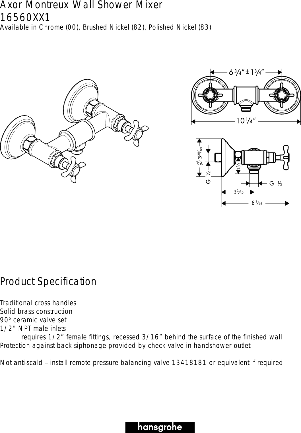 Page 1 of 1 - Hans-Grohe Hans-Grohe-Montreux-Wall-Shower-Mixer-16560Xx1-Users-Manual- Spec16560 Hans-grohe-montreux-wall-shower-mixer-16560xx1-users-manual