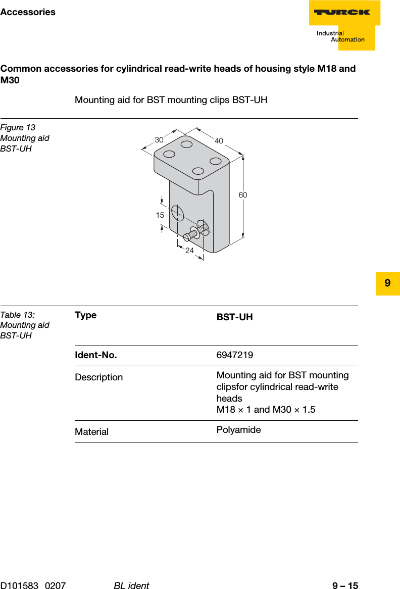 9 – 15AccessoriesD101583 0207 BL ident9Common accessories for cylindrical read-write heads of housing style M18 and M30Mounting aid for BST mounting clips BST-UHFigure 13Mounting aid BST-UHTable 13:Mounting aidBST-UHType BST-UHIdent-No. 6947219Description Mounting aid for BST mounting clipsfor cylindrical read-write headsM18 × 1 and M30 × 1.5Material Polyamide6030244015