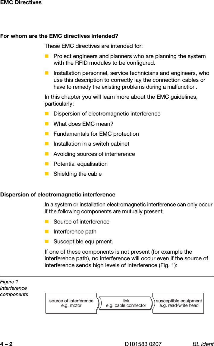 EMC Directives4 – 2 D101583 0207 BL identFor whom are the EMC directives intended?These EMC directives are intended for:Project engineers and planners who are planning the system with the RFID modules to be configured.Installation personnel, service technicians and engineers, who use this description to correctly lay the connection cables or have to remedy the existing problems during a malfunction.In this chapter you will learn more about the EMC guidelines, particularly:Dispersion of electromagnetic interferenceWhat does EMC mean?Fundamentals for EMC protectionInstallation in a switch cabinetAvoiding sources of interferencePotential equalisationShielding the cableDispersion of electromagnetic interferenceIn a system or installation electromagnetic interference can only occur if the following components are mutually present:Source of interferenceInterference pathSusceptible equipment.If one of these components is not present (for example the interference path), no interference will occur even if the source of interference sends high levels of interference (Fig. 1):Figure 1Interference componentssource of interferencee.g. motorsusceptible equipmente.g. read/write headlinke.g. cable connector