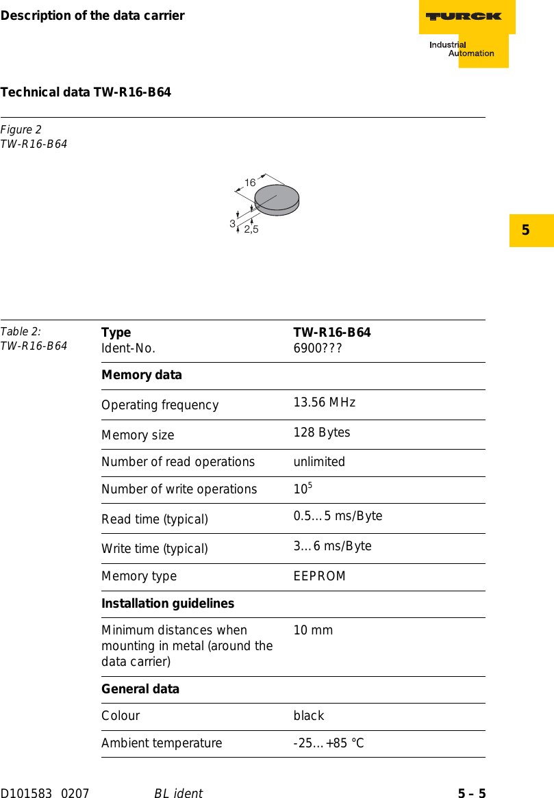 5 – 5Description of the data carrierD101583 0207 BL ident5Technical data TW-R16-B64Figure 2TW-R16-B64Table 2: TW-R16-B64 Type Ident-No. TW-R16-B64 6900???Memory dataOperating frequency 13.56 MHzMemory size 128 BytesNumber of read operations unlimitedNumber of write operations 105Read time (typical) 0.5…5 ms/ByteWrite time (typical) 3…6 ms/ByteMemory type EEPROMInstallation guidelinesMinimum distances when mounting in metal (around the data carrier)10 mmGeneral dataColour blackAmbient temperature -25…+85 °C2,5163