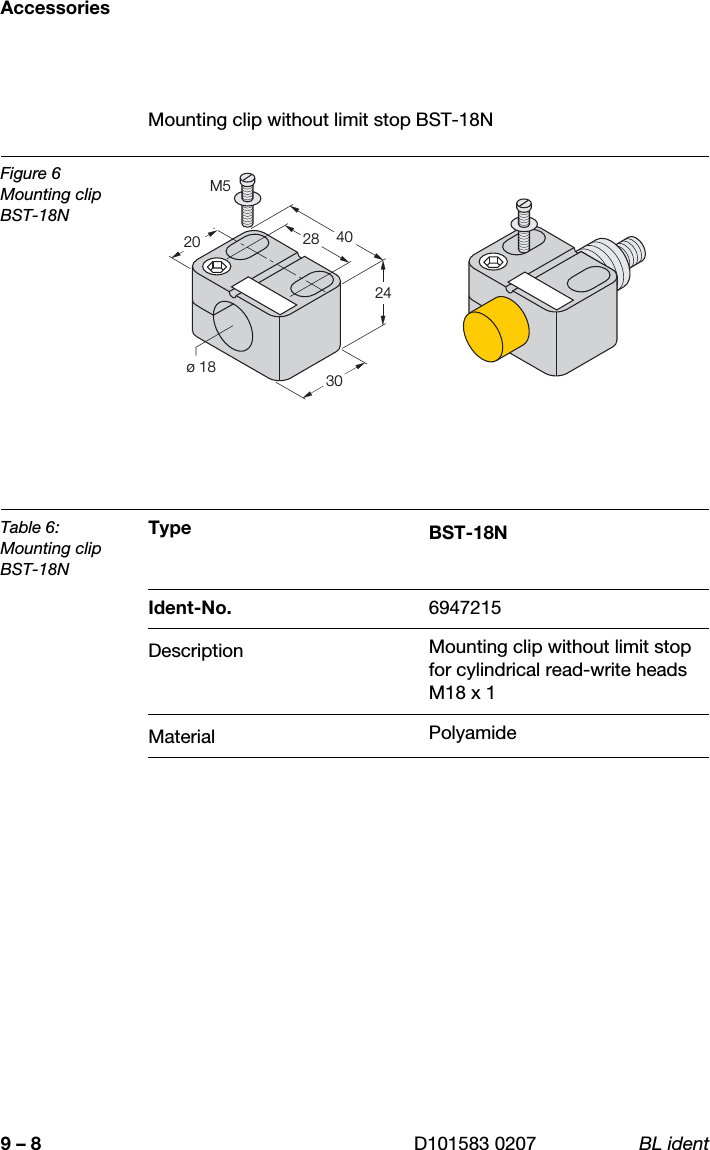 Accessories9 – 8 D101583 0207 BL identMounting clip without limit stop BST-18NFigure 6Mounting clip BST-18NTable 6:Mounting clip BST-18NType BST-18NIdent-No. 6947215Description Mounting clip without limit stop for cylindrical read-write heads M18 x 1Material Polyamideø 18243028 40M520