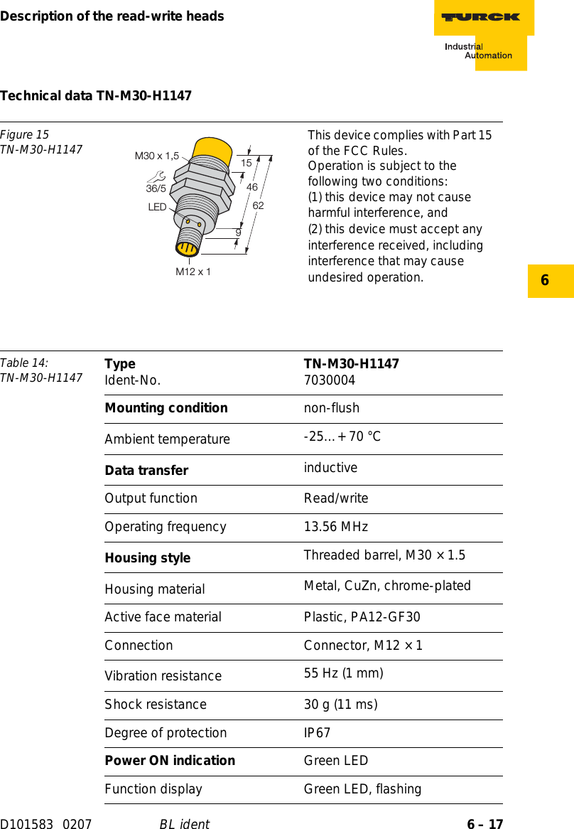 6 – 17Description of the read-write headsD101583 0207 BL ident6Technical data TN-M30-H1147Figure 15TN-M30-H1147 This device complies with Part 15 of the FCC Rules.Operation is subject to the following two conditions:(1) this device may not cause harmful interference, and(2) this device must accept any interference received, including interference that may cause undesired operation.Table 14: TN-M30-H1147 Type Ident-No. TN-M30-H1147 7030004Mounting condition non-flushAmbient temperature -25…+ 70 °CData transfer inductiveOutput function Read/writeOperating frequency 13.56 MHzHousing style Threaded barrel, M30 × 1.5Housing material  Metal, CuZn, chrome-platedActive face material Plastic, PA12-GF30Connection Connector, M12 × 1Vibration resistance 55 Hz (1 mm)Shock resistance 30 g (11 ms)Degree of protection IP67Power ON indication Green LEDFunction display Green LED, flashing36/54662LEDM30 x 1,5915M12 x 1