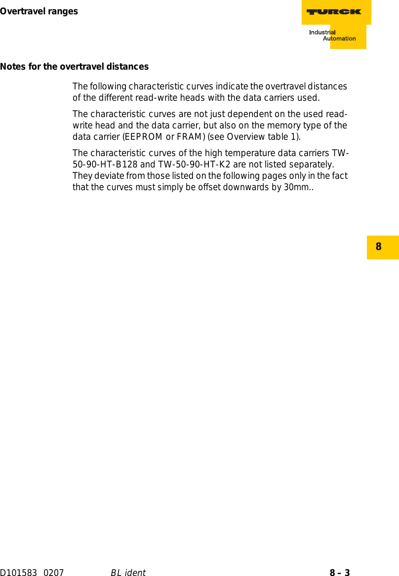 8 – 3Overtravel rangesD101583 0207 BL ident8Notes for the overtravel distancesThe following characteristic curves indicate the overtravel distances of the different read-write heads with the data carriers used.The characteristic curves are not just dependent on the used read-write head and the data carrier, but also on the memory type of the data carrier (EEPROM or FRAM) (see Overview table 1).The characteristic curves of the high temperature data carriers TW-50-90-HT-B128 and TW-50-90-HT-K2 are not listed separately. They deviate from those listed on the following pages only in the fact  that the curves must simply be offset downwards by 30mm..                         