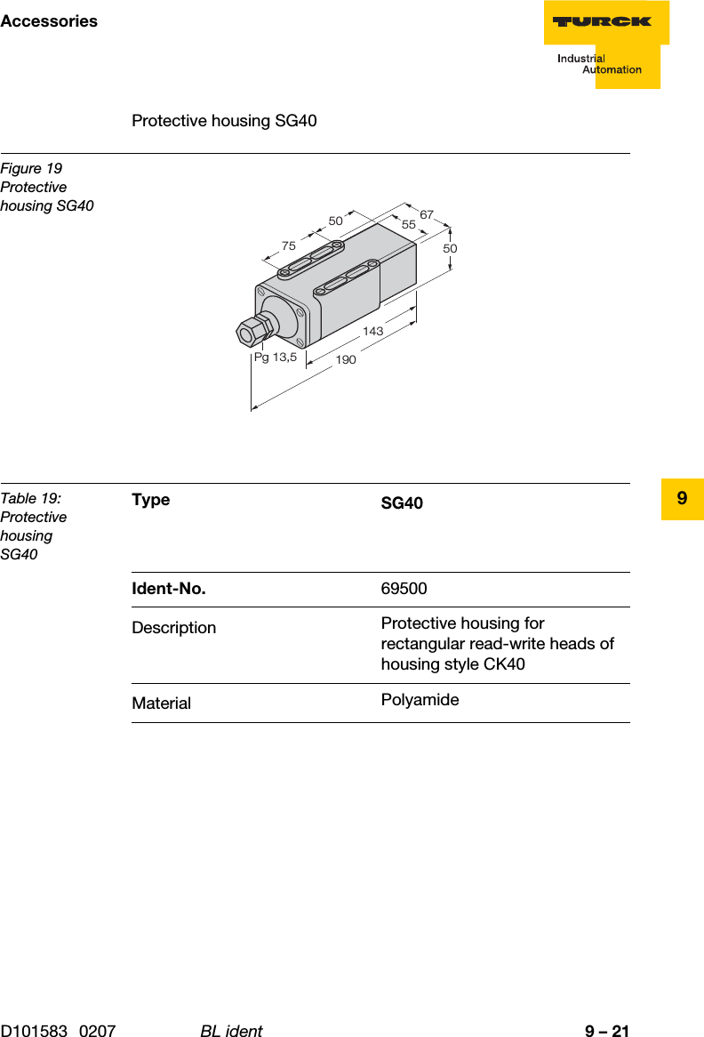 9 – 21AccessoriesD101583 0207 BL ident9Protective housing SG40Figure 19Protective housing SG40Table 19:Protective housingSG40Type SG40Ident-No. 69500Description Protective housing for rectangular read-write heads of housing style CK40Material Polyamide1435550671907550Pg 13,5