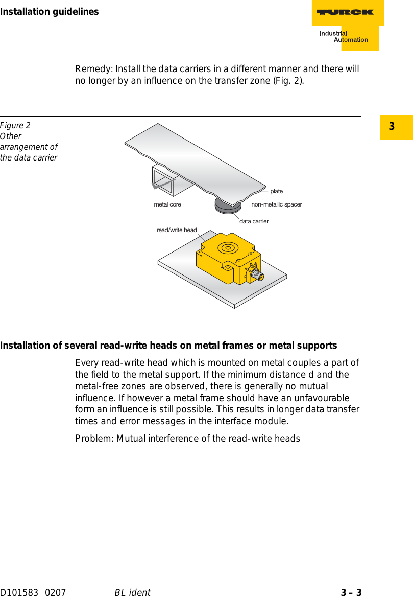 3 – 3Installation guidelinesD101583 0207 BL ident3Remedy: Install the data carriers in a different manner and there will no longer by an influence on the transfer zone (Fig. 2).Installation of several read-write heads on metal frames or metal supportsEvery read-write head which is mounted on metal couples a part of the field to the metal support. If the minimum distance d and the metal-free zones are observed, there is generally no mutual influence. If however a metal frame should have an unfavourable form an influence is still possible. This results in longer data transfer times and error messages in the interface module.Problem: Mutual interference of the read-write headsFigure 2Other arrangement of the data carriermetal coredata carrierread/write headplatenon-metallic spacer