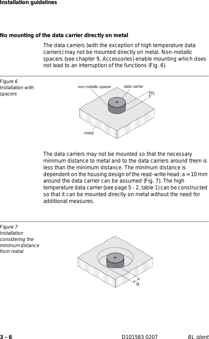 Installation guidelines3 – 6 D101583 0207 BL identNo mounting of the data carrier directly on metalThe data carriers (with the exception of high temperature data carriers) may not be mounted directly on metal. Non-metallic spacers (see chapter 9, Accessories) enable mounting which does not lead to an interruption of the functions (Fig. 6).The data carriers may not be mounted so that the necessary minimum distance to metal and to the data carriers around them is less than the minimum distance. The minimum distance is dependent on the housing design of the read-write head; a = 10 mm around the data carrier can be assumed (Fig. 7). The high temperature data carrier (see page 5 - 2, table 1) can be constructed so that it can be mounted directly on metal without the need for additional measures.Figure 6Installation with spacersFigure 7Installation considering the minimum distance from metalhmetalnon-metallic spacer data carriera