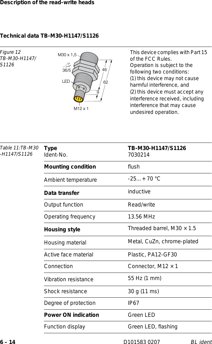 Description of the read-write heads6 – 14 D101583 0207 BL identTechnical data TB-M30-H1147/S1126Figure 12TB-M30-H1147/S1126This device complies with Part 15 of the FCC Rules.Operation is subject to the following two conditions:(1) this device may not cause harmful interference, and(2) this device must accept any interference received, including interference that may cause undesired operation.Table 11:TB-M30 -H1147/S1126 Type Ident-No. TB-M30-H1147/S1126 7030214Mounting condition flushAmbient temperature -25…+ 70 °CData transfer inductiveOutput function Read/writeOperating frequency 13.56 MHzHousing style Threaded barrel, M30 × 1.5Housing material  Metal, CuZn, chrome-platedActive face material Plastic, PA12-GF30Connection Connector, M12 × 1Vibration resistance 55 Hz (1 mm)Shock resistance 30 g (11 ms)Degree of protection IP67Power ON indication Green LEDFunction display Green LED, flashing36/54662LEDM30 x 1,59M12 x 1