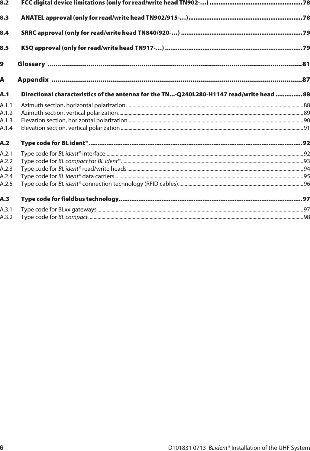 D101831 0713  BLident® Installation of the UHF System68.2 FCC digital device limitations (only for read/write head TN902-…) ....................................................788.3 ANATEL approval (only for read/write head TN902/915-…)................................................................ 788.4 SRRC approval (only for read/write head TN840/920-…) ....................................................................798.5 KSQ approval (only for read/write head TN917-…) .............................................................................799 Glossary ..................................................................................................................................81A Appendix ................................................................................................................................87A.1 Directional characteristics of the antenna for the TN...-Q240L280-H1147 read/write head ............... 88A.1.1 Azimuth section, horizontal polarization........................................................................................................................................88A.1.2 Azimuth section, vertical polarization..............................................................................................................................................89A.1.3 Elevation section, horizontal polarization ......................................................................................................................................90A.1.4 Elevation section, vertical polarization ............................................................................................................................................91A.2 Type code for BL ident®........................................................................................................................92A.2.1 Type code for BL ident® interface........................................................................................................................................................92A.2.2 Type code for BL compact for BL ident®............................................................................................................................................93A.2.3 Type code for BL ident® read/write heads .......................................................................................................................................94A.2.4 Type code for BL ident® data carriers.................................................................................................................................................95A.2.5 Type code for BL ident® connection technology (RFID cables)................................................................................................96A.3 Type code for fieldbus technology....................................................................................................... 97A.3.1 Type code for BLxx gateways ..............................................................................................................................................................97A.3.2 Type code for BL compact.....................................................................................................................................................................98