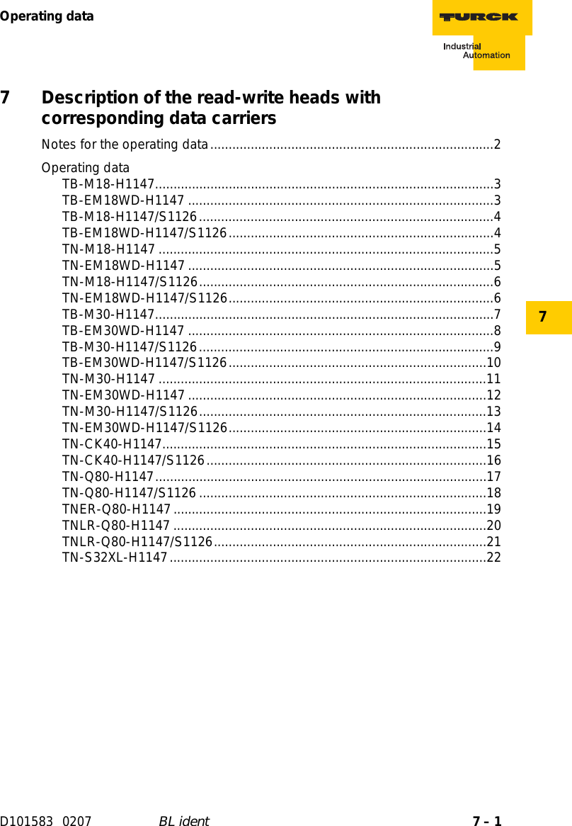 7 – 1Operating dataD101583 0207 BL ident77 Description of the read-write heads with  corresponding data carriersNotes for the operating data.............................................................................2Operating dataTB-M18-H1147............................................................................................3 TB-EM18WD-H1147 ...................................................................................3 TB-M18-H1147/S1126................................................................................4 TB-EM18WD-H1147/S1126........................................................................4 TN-M18-H1147 ...........................................................................................5 TN-EM18WD-H1147 ...................................................................................5 TN-M18-H1147/S1126................................................................................6 TN-EM18WD-H1147/S1126........................................................................6 TB-M30-H1147............................................................................................7 TB-EM30WD-H1147 ...................................................................................8 TB-M30-H1147/S1126................................................................................9 TB-EM30WD-H1147/S1126......................................................................10 TN-M30-H1147 .........................................................................................11 TN-EM30WD-H1147 .................................................................................12 TN-M30-H1147/S1126..............................................................................13 TN-EM30WD-H1147/S1126......................................................................14 TN-CK40-H1147........................................................................................15 TN-CK40-H1147/S1126............................................................................16 TN-Q80-H1147..........................................................................................17 TN-Q80-H1147/S1126 ..............................................................................18 TNER-Q80-H1147.....................................................................................19 TNLR-Q80-H1147 .....................................................................................20 TNLR-Q80-H1147/S1126..........................................................................21 TN-S32XL-H1147......................................................................................22