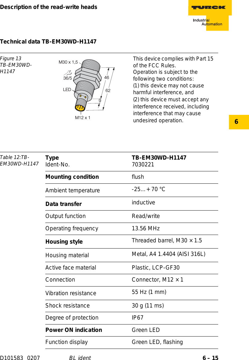 6 – 15Description of the read-write headsD101583 0207 BL ident6Technical data TB-EM30WD-H1147Figure 13TB-EM30WD-H1147This device complies with Part 15 of the FCC Rules.Operation is subject to the following two conditions:(1) this device may not cause harmful interference, and(2) this device must accept any interference received, including interference that may cause undesired operation.Table 12:TB-EM30WD-H1147 Type Ident-No. TB-EM30WD-H1147 7030221Mounting condition flushAmbient temperature -25…+ 70 °CData transfer inductiveOutput function Read/writeOperating frequency 13.56 MHzHousing style Threaded barrel, M30 × 1.5Housing material  Metal, A4 1.4404 (AISI 316L)Active face material Plastic, LCP-GF30Connection Connector, M12 × 1Vibration resistance 55 Hz (1 mm)Shock resistance 30 g (11 ms)Degree of protection IP67Power ON indication Green LEDFunction display Green LED, flashing36/54662LEDM30 x 1,59M12 x 1