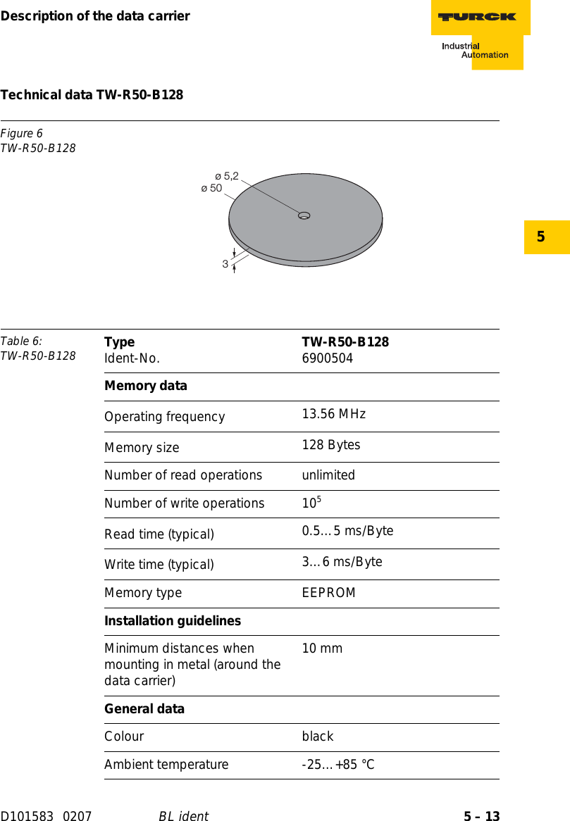 5 – 13Description of the data carrierD101583 0207 BL ident5Technical data TW-R50-B128Figure 6TW-R50-B128Table 6: TW-R50-B128 Type Ident-No. TW-R50-B128 6900504Memory dataOperating frequency 13.56 MHzMemory size 128 BytesNumber of read operations unlimitedNumber of write operations 105Read time (typical) 0.5…5 ms/ByteWrite time (typical) 3…6 ms/ByteMemory type EEPROMInstallation guidelinesMinimum distances when mounting in metal (around the data carrier)10 mmGeneral dataColour blackAmbient temperature -25…+85 °C1,5ø 50ø 4,23ø 50ø 5,2