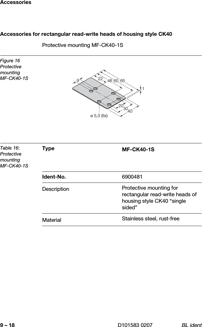 Accessories9 – 18 D101583 0207 BL identAccessories for rectangular read-write heads of housing style CK40Protective mounting MF-CK40-1SFigure 16Protective mountingMF-CK40-1STable 16:Protective mountingMF-CK40-1SType MF-CK40-1SIdent-No. 6900481Description Protective mounting for rectangular read-write heads of housing style CK40 “single sided”Material Stainless steel, rust-free40302022 4660 6591ø 5,3 (6x)