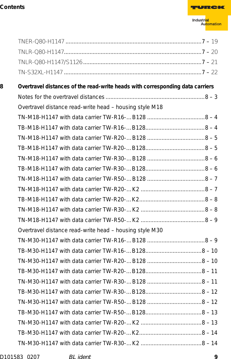 9ContentsD101583 0207 BL identTNER-Q80-H1147 .....................................................................................7 – 19TNLR-Q80-H1147......................................................................................7 – 20TNLR-Q80-H1147/S1126..........................................................................7 – 21TN-S32XL-H1147 ......................................................................................7 – 228 Overtravel distances of the read-write heads with corresponding data carriersNotes for the overtravel distances..............................................................8 – 3Overtravel distance read-write head – housing style M18TN-M18-H1147 with data carrier TW-R16-…B128 ....................................8 – 4TB-M18-H1147 with data carrier TW-R16-…B128.....................................8 – 4TN-M18-H1147 with data carrier TW-R20-…B128 ....................................8 – 5TB-M18-H1147 with data carrier TW-R20-…B128.....................................8 – 5TN-M18-H1147 with data carrier TW-R30-…B128 ....................................8 – 6TB-M18-H1147 with data carrier TW-R30-…B128.....................................8 – 6TN-M18-H1147 with data carrier TW-R50-…B128 ....................................8 – 7TN-M18-H1147 with data carrier TW-R20-…K2 ........................................8 – 7TB-M18-H1147 with data carrier TW-R20-…K2.........................................8 – 8TN-M18-H1147 with data carrier TW-R30-…K2 ........................................8 – 8TN-M18-H1147 with data carrier TW-R50-…K2 ........................................8 – 9Overtravel distance read-write head – housing style M30TN-M30-H1147 with data carrier TW-R16-…B128 ....................................8 – 9TB-M30-H1147 with data carrier TW-R16-…B128...................................8 – 10TN-M30-H1147 with data carrier TW-R20-…B128 ..................................8 – 10TB-M30-H1147 with data carrier TW-R20-…B128...................................8 – 11TN-M30-H1147 with data carrier TW-R30-…B128 ..................................8 – 11TB-M30-H1147 with data carrier TW-R30-…B128...................................8 – 12TN-M30-H1147 with data carrier TW-R50-…B128 ..................................8 – 12TB-M30-H1147 with data carrier TW-R50-…B128...................................8 – 13TN-M30-H1147 with data carrier TW-R20-…K2 ......................................8 – 13TB-M30-H1147 with data carrier TW-R20-…K2.......................................8 – 14TN-M30-H1147 with data carrier TW-R30-…K2 ......................................8 – 14