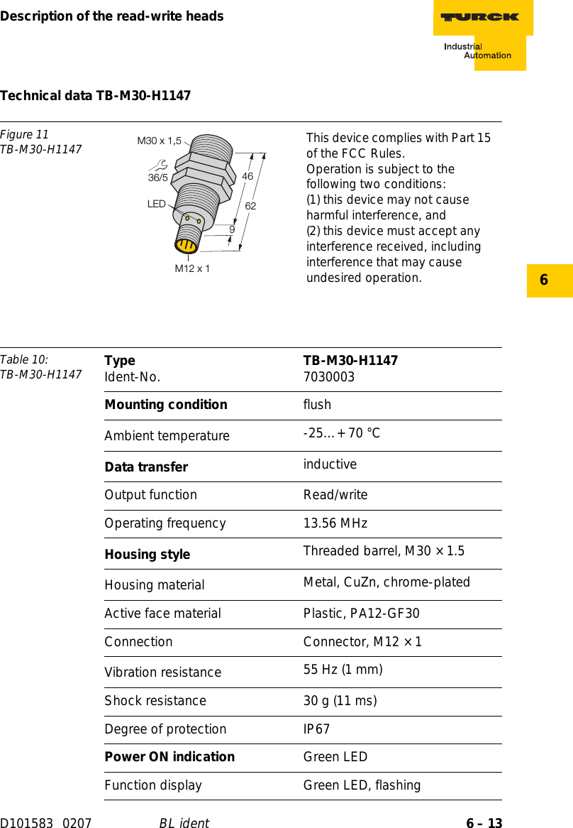 6 – 13Description of the read-write headsD101583 0207 BL ident6Technical data TB-M30-H1147Figure 11TB-M30-H1147 This device complies with Part 15 of the FCC Rules.Operation is subject to the following two conditions:(1) this device may not cause harmful interference, and(2) this device must accept any interference received, including interference that may cause undesired operation.Table 10: TB-M30-H1147 Type Ident-No. TB-M30-H1147 7030003Mounting condition flushAmbient temperature -25…+ 70 °CData transfer inductiveOutput function Read/writeOperating frequency 13.56 MHzHousing style Threaded barrel, M30 × 1.5Housing material  Metal, CuZn, chrome-platedActive face material Plastic, PA12-GF30Connection Connector, M12 × 1Vibration resistance 55 Hz (1 mm)Shock resistance 30 g (11 ms)Degree of protection IP67Power ON indication Green LEDFunction display Green LED, flashing36/54662LEDM30 x 1,59M12 x 1