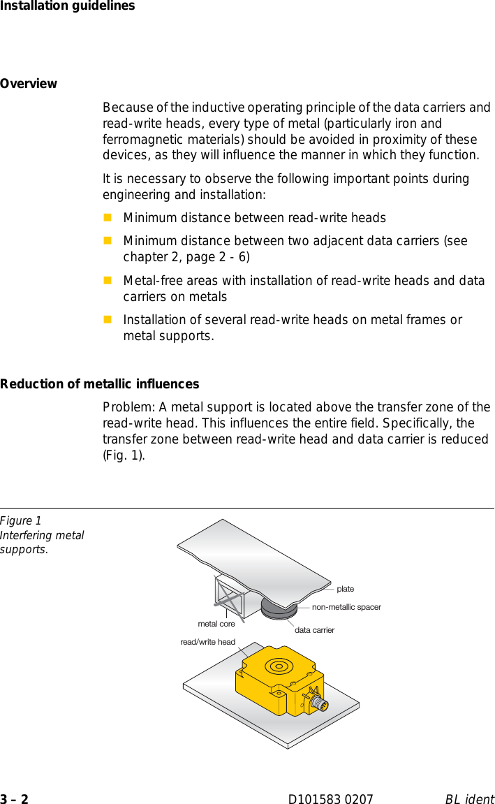 Installation guidelines3 – 2 D101583 0207 BL identOverviewBecause of the inductive operating principle of the data carriers and read-write heads, every type of metal (particularly iron and ferromagnetic materials) should be avoided in proximity of these devices, as they will influence the manner in which they function.It is necessary to observe the following important points during engineering and installation:Minimum distance between read-write headsMinimum distance between two adjacent data carriers (see chapter 2, page 2 - 6)Metal-free areas with installation of read-write heads and data carriers on metalsInstallation of several read-write heads on metal frames or metal supports.Reduction of metallic influencesProblem: A metal support is located above the transfer zone of the read-write head. This influences the entire field. Specifically, the transfer zone between read-write head and data carrier is reduced (Fig. 1).Figure 1Interfering metal supports.metal core data carrierread/write headnon-metallic spacerplate