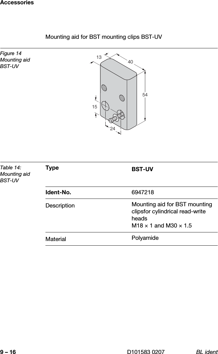 Accessories9 – 16 D101583 0207 BL identMounting aid for BST mounting clips BST-UVFigure 14Mounting aid BST-UVTable 14:Mounting aid BST-UVType BST-UVIdent-No. 6947218Description Mounting aid for BST mounting clipsfor cylindrical read-write headsM18 × 1 and M30 × 1.5Material Polyamide5413244015