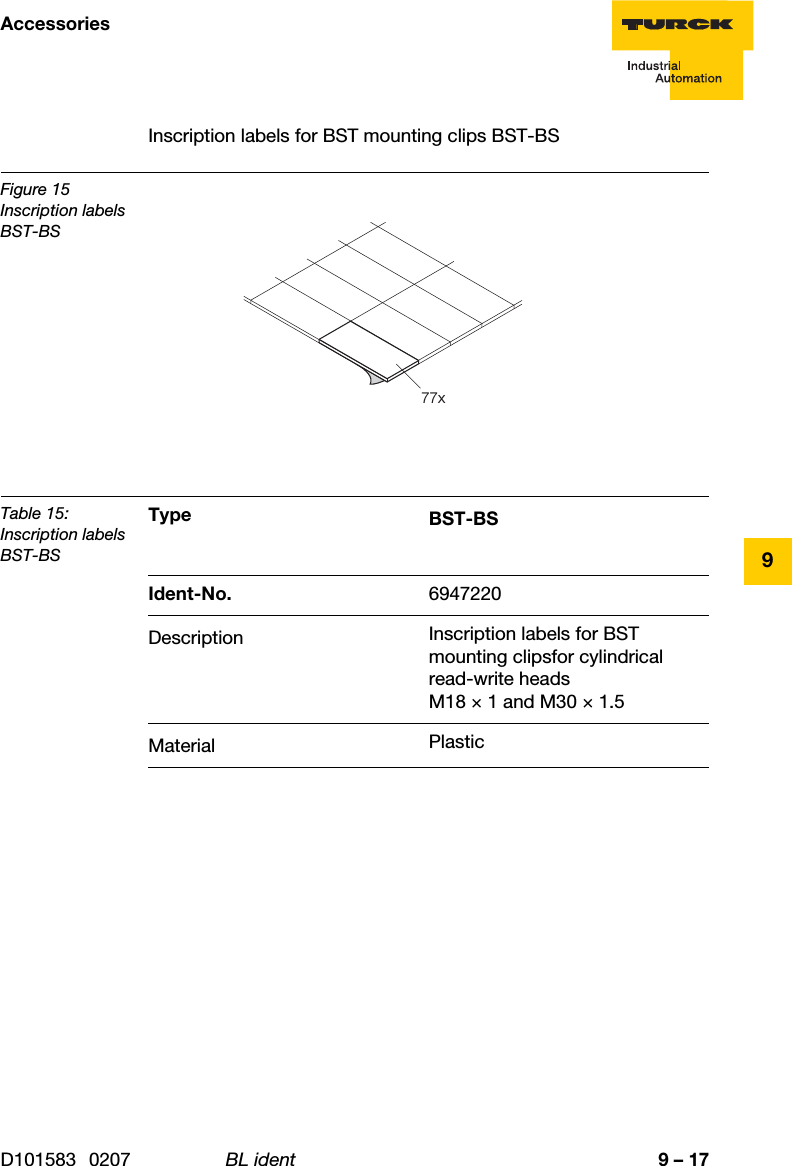 9 – 17AccessoriesD101583 0207 BL ident9Inscription labels for BST mounting clips BST-BS Figure 15Inscription labels BST-BSTable 15:Inscription labels BST-BSType BST-BSIdent-No. 6947220Description Inscription labels for BST mounting clipsfor cylindrical read-write headsM18 × 1 and M30 × 1.5Material Plastic77x