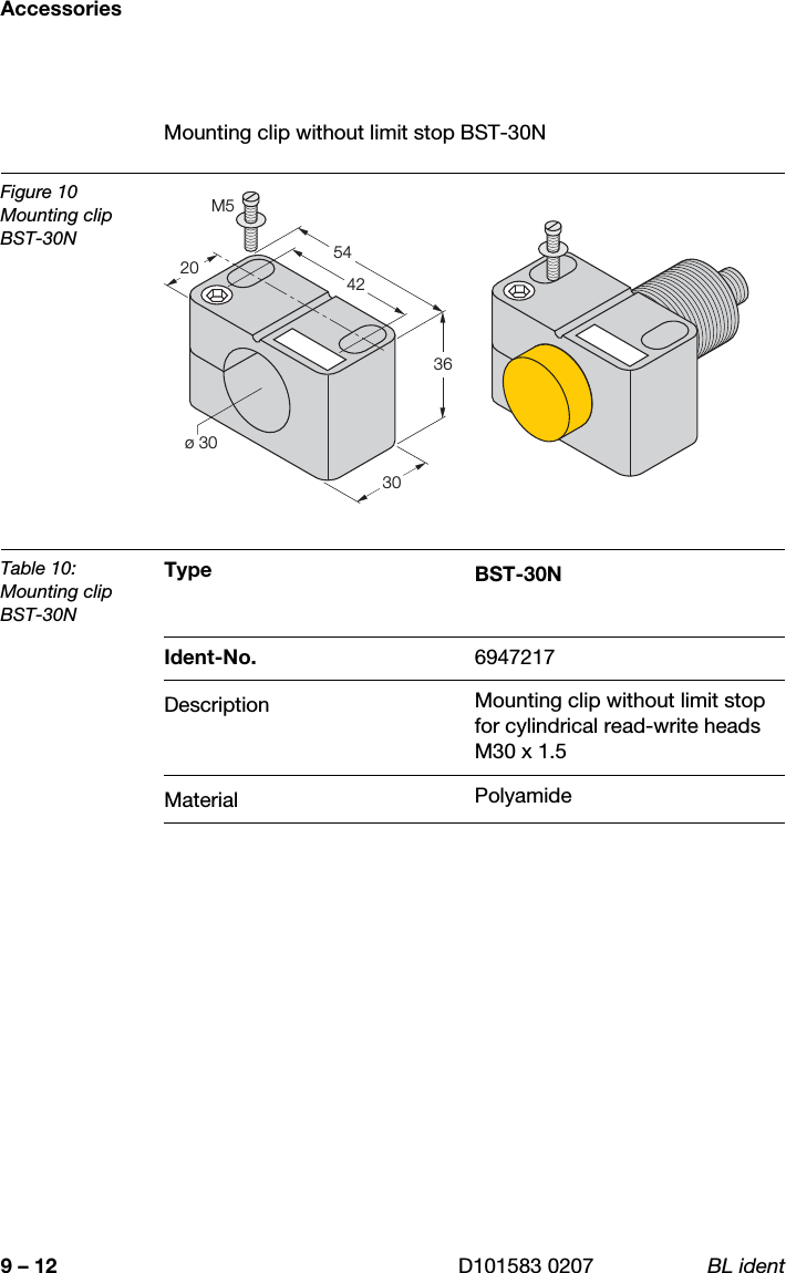 Accessories9 – 12 D101583 0207 BL identMounting clip without limit stop BST-30NFigure 10Mounting clip BST-30NTable 10:Mounting clip BST-30NType BST-30NIdent-No. 6947217Description Mounting clip without limit stop for cylindrical read-write heads M30 x 1.5Material Polyamideø 3036304254M520