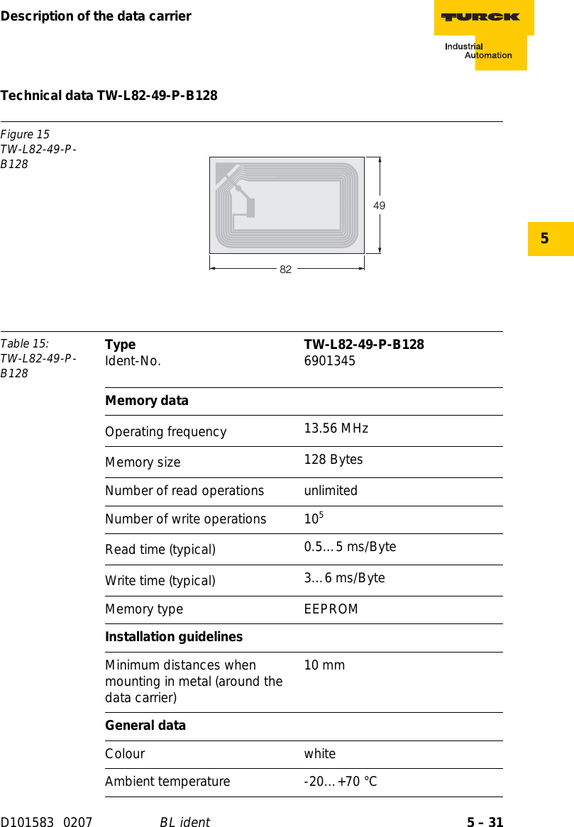 5 – 31Description of the data carrierD101583 0207 BL ident5Technical data TW-L82-49-P-B128Figure 15TW-L82-49-P-B128Table 15: TW-L82-49-P-B128Type Ident-No. TW-L82-49-P-B128 6901345Memory dataOperating frequency 13.56 MHzMemory size 128 BytesNumber of read operations unlimitedNumber of write operations 105Read time (typical) 0.5…5 ms/ByteWrite time (typical) 3…6 ms/ByteMemory type EEPROMInstallation guidelinesMinimum distances when mounting in metal (around the data carrier)10 mmGeneral dataColour whiteAmbient temperature -20…+70 °C4982