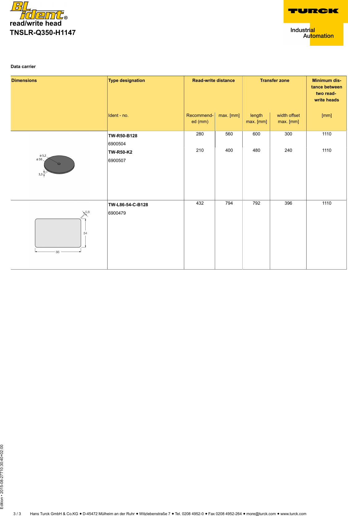 read/write headTNSLR-Q350-H1147Edition • 2015-08-27T10:30:40+02:003 / 3 Hans Turck GmbH &amp; Co.KG ñ D-45472 Mülheim an der Ruhr ñ Witzlebenstraße 7 ñ Tel. 0208 4952-0 ñ Fax 0208 4952-264 ñ more@turck.com ñ www.turck.comData carrierDimensions Type designation Read-write distance Transfer zone Minimum dis-tance betweentwo read-write headsIdent - no. Recommend-ed (mm)max. [mm] lengthmax. [mm]width offsetmax. [mm][mm]TW-R50-B1286900504280 560 600 300 1110TW-R50-K26900507210 400 480 240 1110TW-L86-54-C-B1286900479432 794 792 396 1110