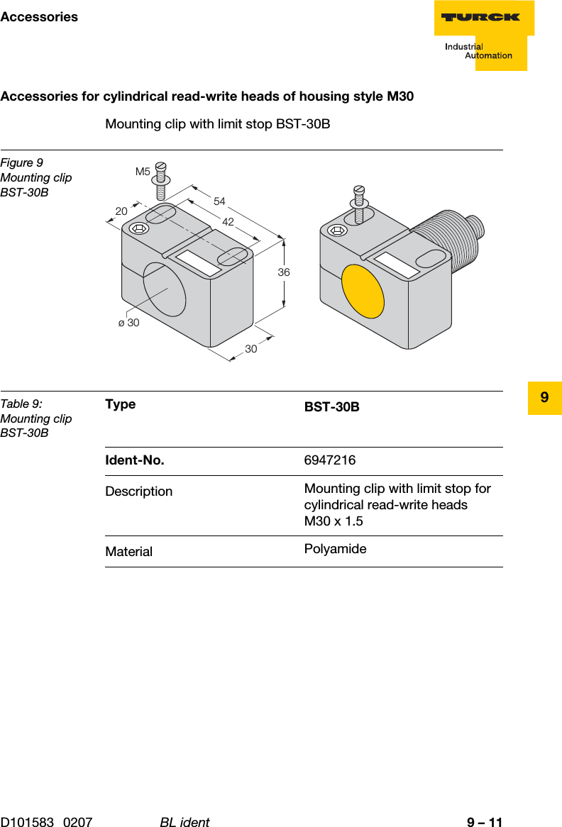 9 – 11AccessoriesD101583 0207 BL ident9Accessories for cylindrical read-write heads of housing style M30Mounting clip with limit stop BST-30BFigure 9Mounting clip BST-30BTable 9:Mounting clip BST-30BType BST-30BIdent-No. 6947216Description Mounting clip with limit stop for cylindrical read-write heads M30 x 1.5Material Polyamideø 3036304254M520