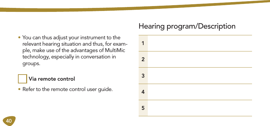 40• You can thus adjust your instrument to the  relevant hearing situation and thus, for exam-ple, make use of the advantages of MultiMic technology, especially in conversation in groups. • Refer to the remote control user guide.Via remote controlHearing program/Description12345