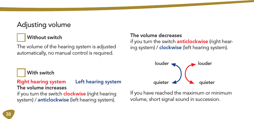 38 Adjusting volume The volume of the hearing system is adjusted automatically, no manual control is required.If you have reached the maximum or minimumvolume, short signal sound in succession.Right hearing system       Left hearing systemThe volume increasesif you turn the switch clockwise (right hearing system) / anticlockwise (left hearing system).The volume decreasesif you turn the switch anticlockwise (right hear-ing system) / clockwise (left hearing system).louder quieterlouder quieterWithout switchWith switch