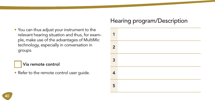 40• You can thus adjust your instrument to the  relevant hearing situation and thus, for exam-ple, make use of the advantages of MultiMic technology, especially in conversation in groups.• Refer to the remote control user guide.Via remote controlHearing program/Description12345