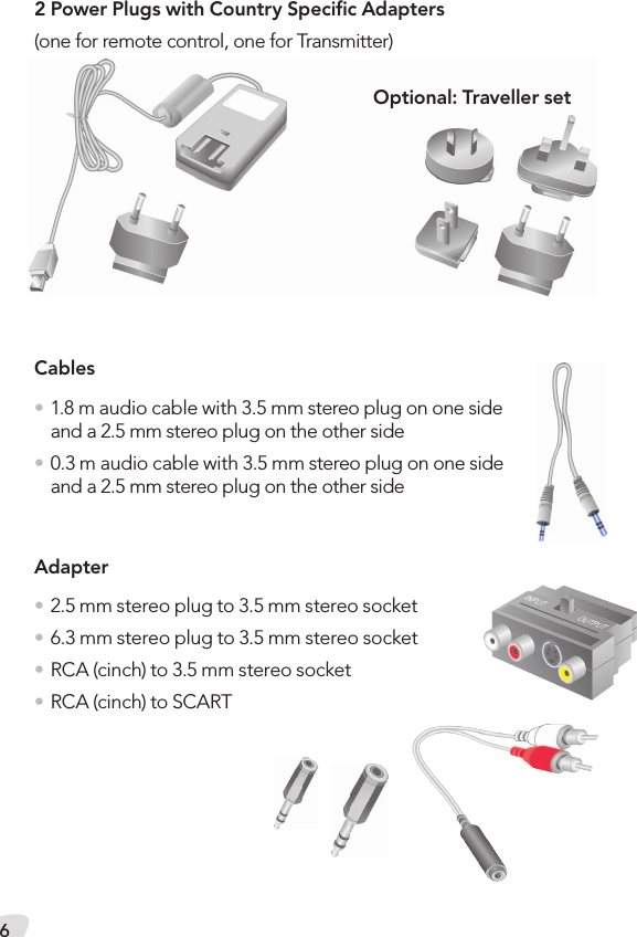 62 Power Plugs with Country Speciﬁc Adapters(one for remote control, one for Transmitter)Cables• 1.8 m audio cable with 3.5 mm stereo plug on one side and a 2.5 mm stereo plug on the other side• 0.3 m audio cable with 3.5 mm stereo plug on one side and a 2.5 mm stereo plug on the other sideAdapter• 2.5 mm stereo plug to 3.5 mm stereo socket• 6.3 mm stereo plug to 3.5 mm stereo socket• RCA (cinch) to 3.5 mm stereo socket• RCA (cinch) to SCARTOptional: Traveller set