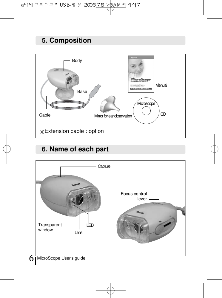 MicroScope User s guide65. CompositionMenualCDMicroscopeMirror for ear observationExtension cable : optionBodyCable Base6. Name of each partCaptureFocus controlleverLens LEDTransparentwindow