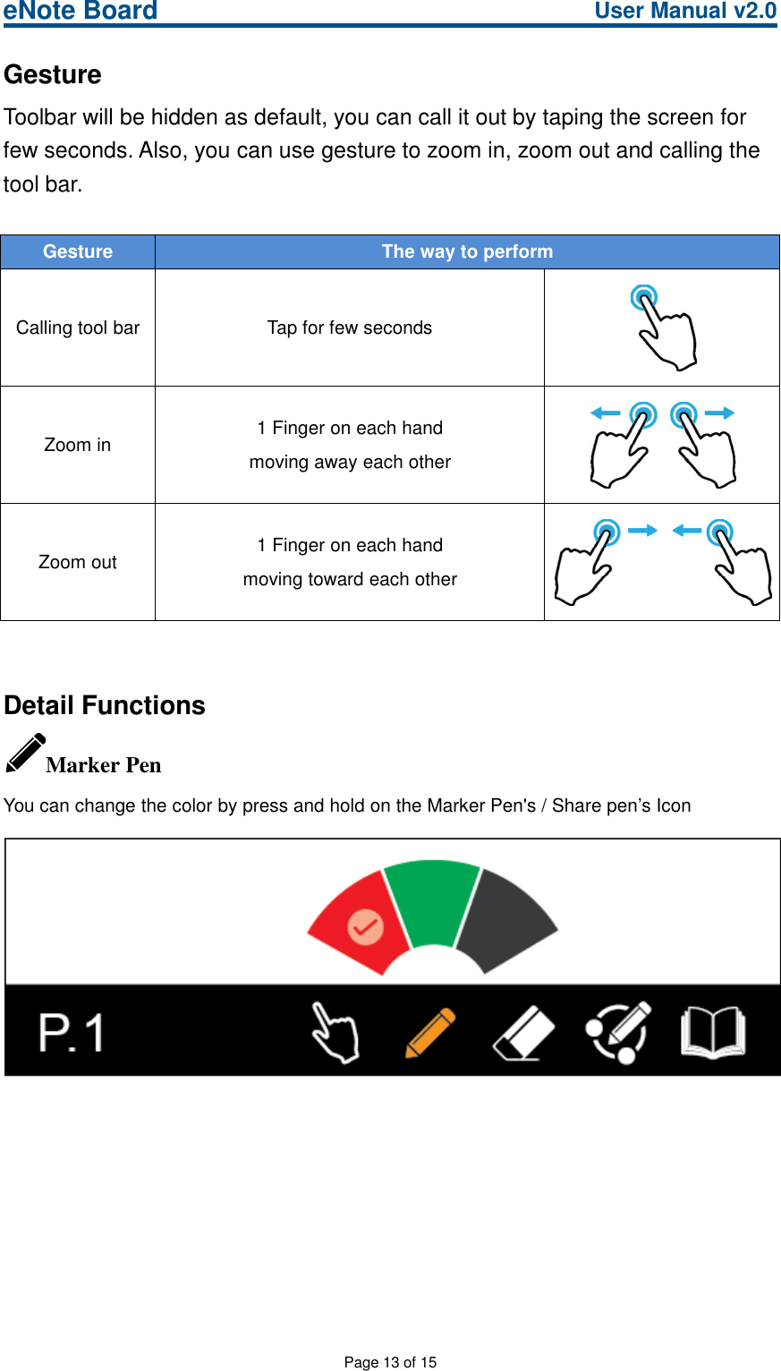 eNote Board User Manual v2.0Page 13 of 15GestureToolbar will be hidden as default, you can call it out by taping the screen forfew seconds. Also, you can use gesture to zoom in, zoom out and calling thetool bar.Gesture The way to performCalling tool bar Tap for few secondsZoom in 1 Finger on each handmoving away each otherZoom out 1 Finger on each handmoving toward each otherDetail FunctionsMarker PenYou can change the color by press and hold on the Marker Pen&apos;s / Share pen’s Icon