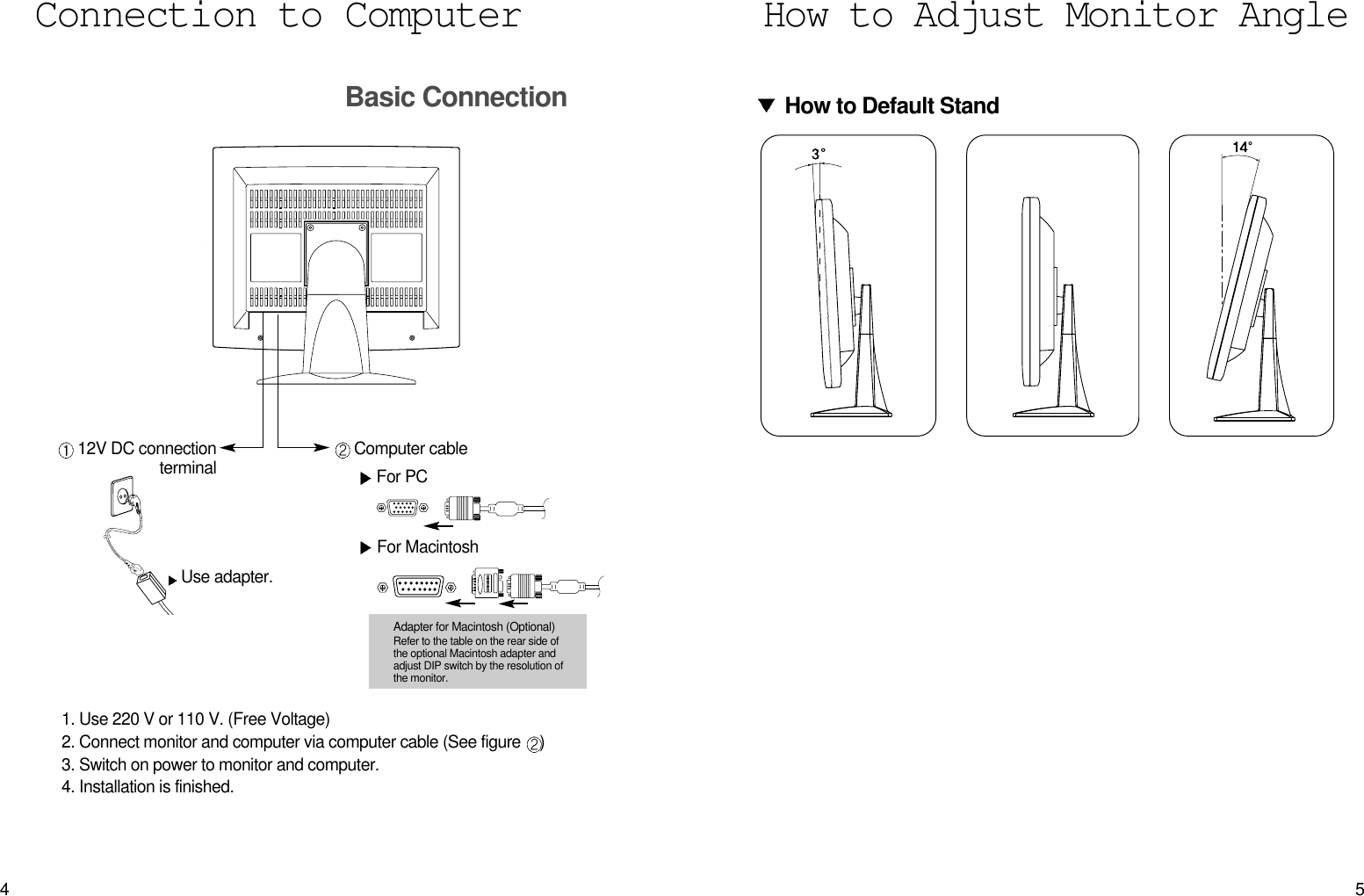 5How to Adjust Monitor AngleHow to Default Stand4Connection to ComputerBasic Connection1. Use 220 V or 110 V. (Free Voltage)2. Connect monitor and computer via computer cable (See figure  )3. Switch on power to monitor and computer.4. Installation is finished.12V DC connection terminal   Computer cableFor PCFor MacintoshUse adapter.Adapter for Macintosh (Optional)Refer to the table on the rear side ofthe optional Macintosh adapter andadjust DIP switch by the resolution ofthe monitor. 