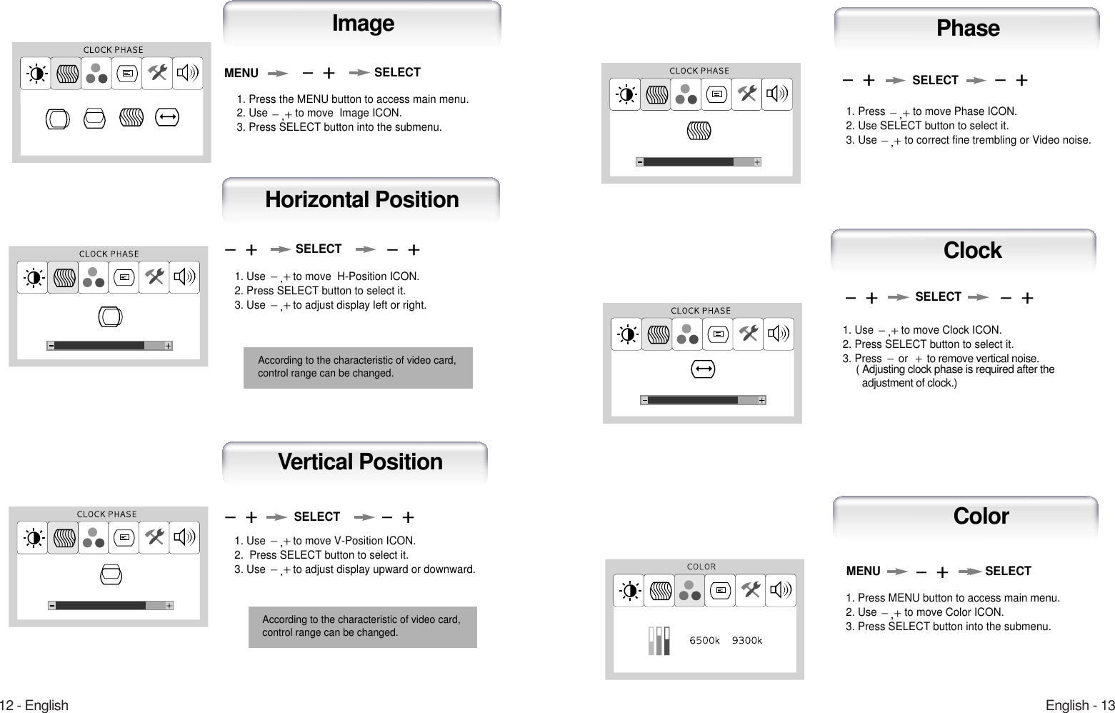 English - 1312 - EnglishHorizontal PositionSELECT1. Use  to move  H-Position ICON.2. Press SELECT button to select it.3. Use  to adjust display left or right.ImageMENU SELECT1. Press the MENU button to access main menu.2. Use  to move  Image ICON.3. Press SELECT button into the submenu.According to the characteristic of video card,control range can be changed.1. Use  to move V-Position ICON.2.  Press SELECT button to select it.3. Use  to adjust display upward or downward.1. Press  to move Phase ICON.2. Use SELECT button to select it.3. Use  to correct fine trembling or Video noise.1. Use  to move Clock ICON.2. Press SELECT button to select it.3. Press  orto remove vertical noise.( Adjusting clock phase is required after the adjustment of clock.) SELECTSELECTSELECTVertical PositionClockPhaseAccording to the characteristic of video card,control range can be changed.1. Press MENU button to access main menu.2. Use  to move Color ICON.3. Press SELECT button into the submenu.MENU SELECTColor