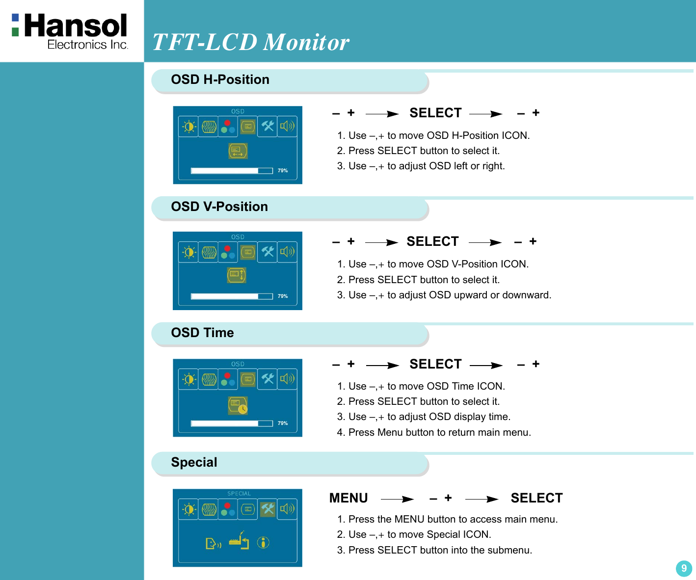 TFT-LCD Monitor9OSD H-Position –  +                  SELECT               –  + 1. Use –,+ to move OSD H-Position ICON.2. Press SELECT button to select it.3. Use –,+ to adjust OSD left or right.OSD V-Position –  +                 SELECT               –  +   1. Use –,+ to move OSD V-Position ICON.2. Press SELECT button to select it.3. Use –,+ to adjust OSD upward or downward.OSD Time –  +                  SELECT               –  +  1. Use –,+ to move OSD Time ICON.2. Press SELECT button to select it.3. Use –,+ to adjust OSD display time.4. Press Menu button to return main menu.SpecialMENU                    –  +                SELECT1. Press the MENU button to access main menu.2. Use –,+ to move Special ICON.3. Press SELECT button into the submenu.