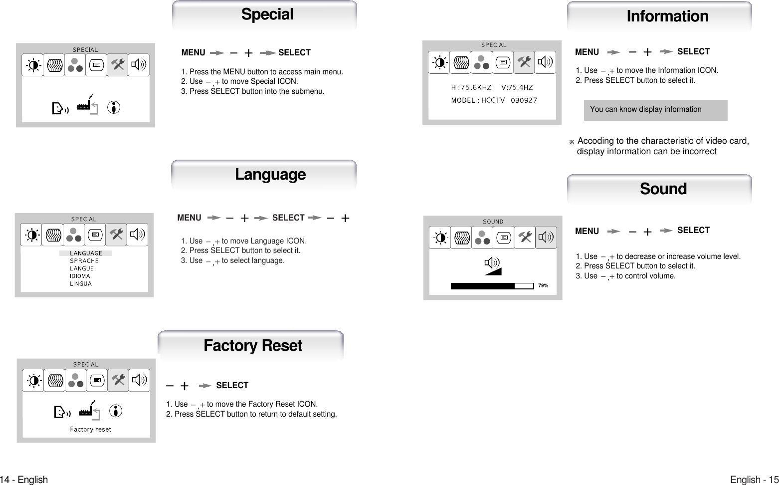 English - 151. Use  to move Language ICON.2. Press SELECT button to select it.3. Use  to select language.MENU SELECTLanguage14 - English1. Use  to move the Information ICON.2. Press SELECT button to select it.MENUAuto-ConfigInformation1. Use  to move the Factory Reset ICON.2. Press SELECT button to return to default setting.Auto-ConfigFactory ResetSELECT1. Use  to decrease or increase volume level.2. Press SELECT button to select it.3. Use  to control volume.MENUAuto-ConfigSound SELECT SELECTYou can know display information1. Press the MENU button to access main menu.2. Use  to move Special ICON.3. Press SELECT button into the submenu.MENU SELECTSpecialAccoding to the characteristic of video card, display information can be incorrect