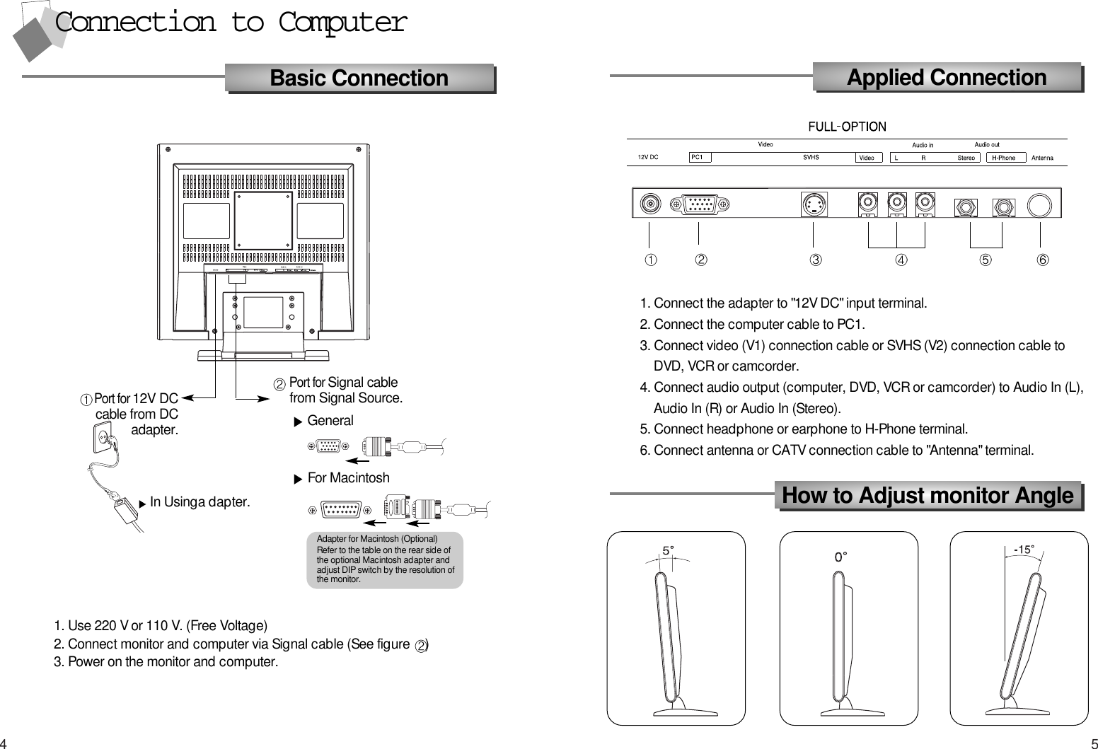 54Applied ConnectionHow to Adjust monitor AngleConnection to ComputerBasic Connection1. Use 220 V or 110 V. (Free Voltage)2. Connect monitor and computer via Signal cable (See figure  )3. Power on the monitor and computer.1. Connect the adapter to &quot;12V DC&quot; input terminal.2. Connect the computer cable to PC1.3. Connect video (V1) connection cable or SVHS (V2) connection cable to    DVD, VCR or camcorder.4. Connect audio output (computer, DVD, VCR or camcorder) to Audio In (L), Audio In (R) or Audio In (Stereo).5. Connect headphone or earphone to H-Phone terminal. 6. Connect antenna or CATV connection cable to &quot;Antenna&quot; terminal.Port for 12V DCcable from DCadapter.  Port for Signal cablefrom Signal Source.  GeneralFor MacintoshIn Usinga dapter.Adapter for Macintosh (Optional)Refer to the table on the rear side ofthe optional Macintosh adapter andadjust DIP switch by the resolution ofthe monitor. 